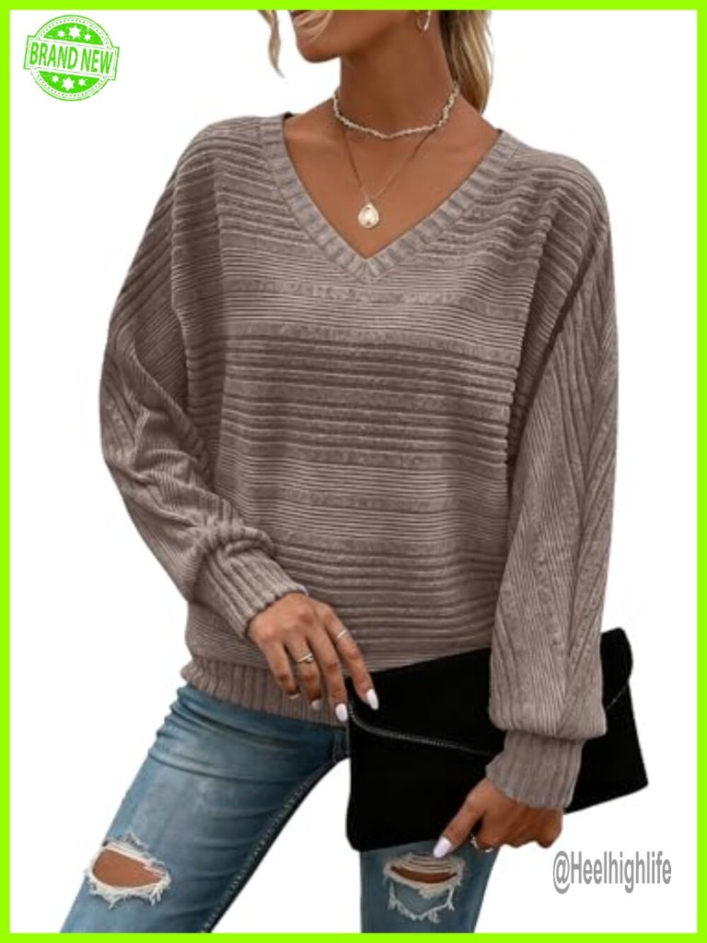 Women's V-Neck Tunic Pullover Sweater Batwing Long Sleeve Loose Fit